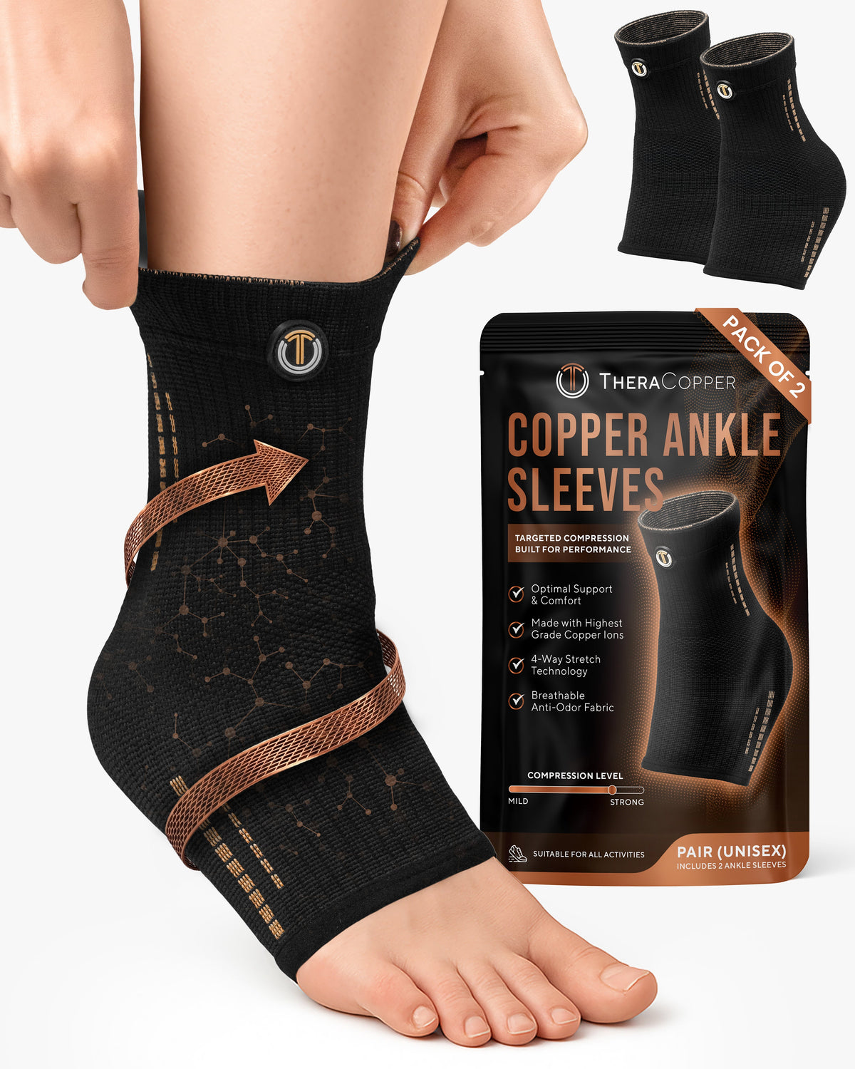 Copper Compression Ankle Brace Sleeves 2-Pack