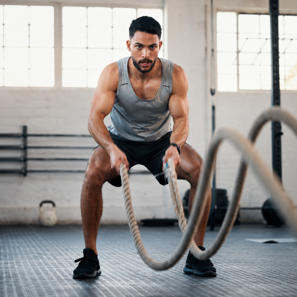 A muscular man in a gray tank top and black shorts performing battle ropes in a bright, modern gym.